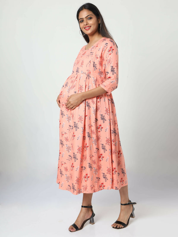 Manet Three Fourth Maternity Dress Floral Print With Concealed Zipper Nursing Access - Orange - Distacart