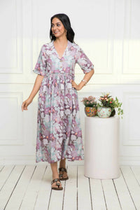 Thumbnail for Myshka Women Multi-Floral Rayon A-Line V-Neck Dress - Distacart