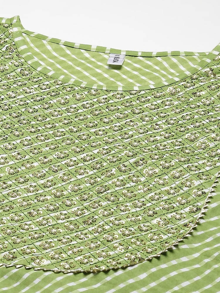Yufta Women Green And White Bandhani print Kurta with Trouser Set