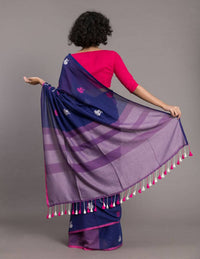 Thumbnail for Suta Blue Pink Ethnic Motifs Handloom Cotton Woven Saree - Distacart