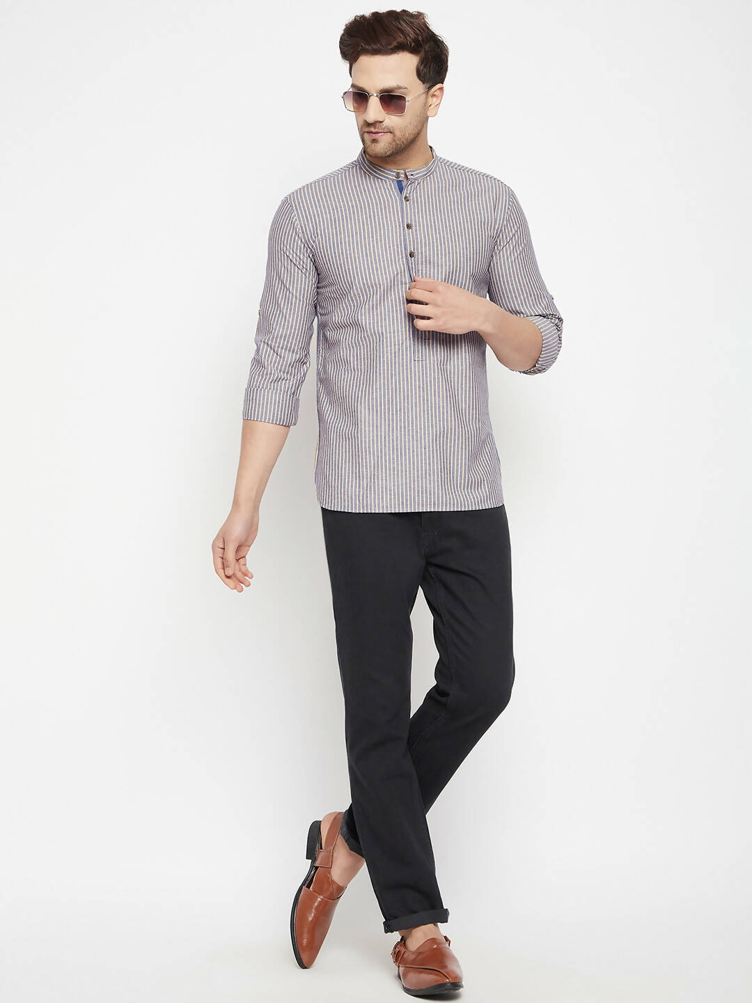 Even Apparels Grey Pure Cotton Short Men's Kurta With Band Collar - Distacart