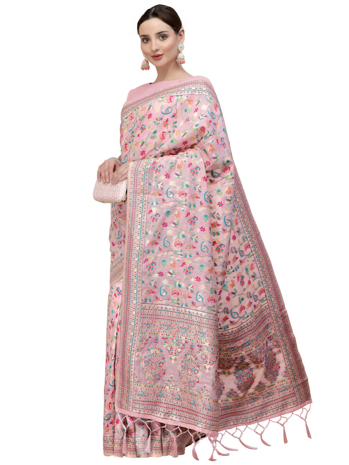 Light Pink Silk Blend Woven Design Saree With Unstitched Blouse Piece - Aloki - Distacart