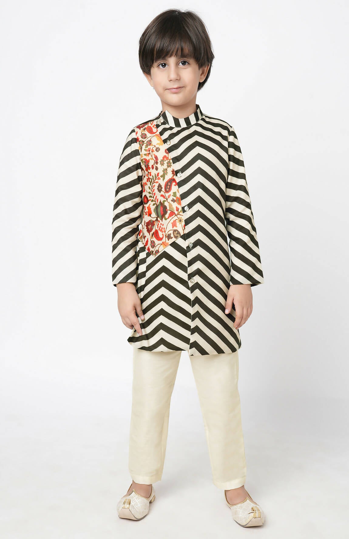 Lil Drama Chromatic Fusion Boys Black & White Stripe Kurta Pant Set - Distacart