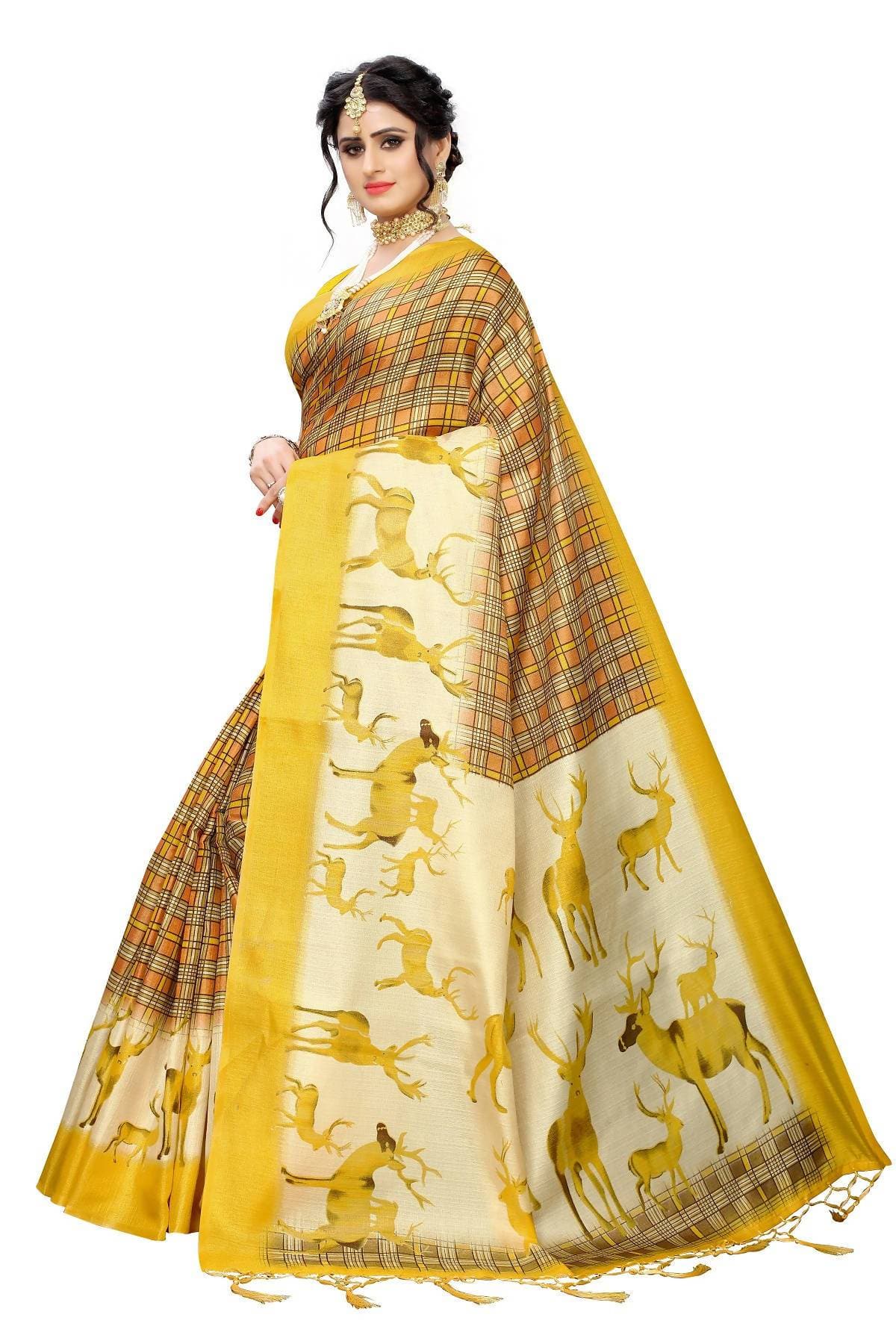 Vamika Multicolor & Yellow Kalamkari With Jhalar Khadi Silk Saree