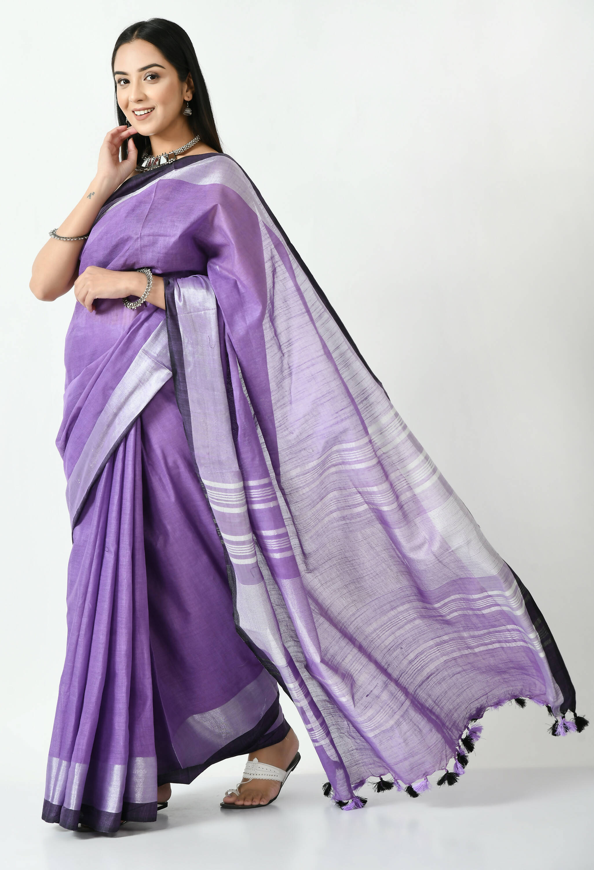 Mominos Fashion Moeza Purple & Black Bhagalpuri Handloom Silk Linen Saree with unstitched Blouse piece - Distacart