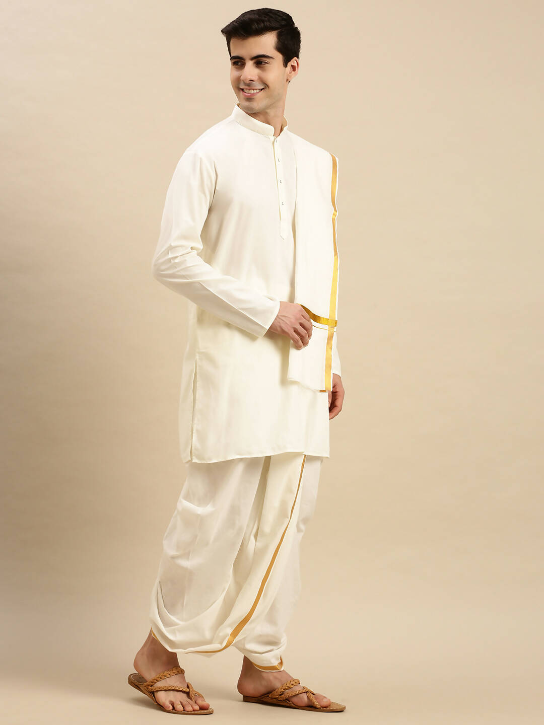Ramraj Cotton Premium Wedding Cream Readymade Panchakacham,Kurta & Towel Set RP Jari - Distacart