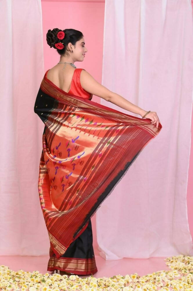 Very Much Indian Traditional Black Pure Silk Paithani With Red Border & Double Pallu - Distacart