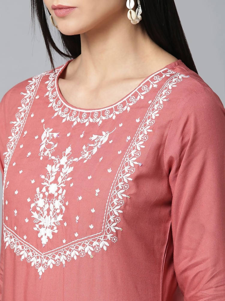 Yufta Women Pink & White Yoke Design Kurta with Palazzo & Dupatta
