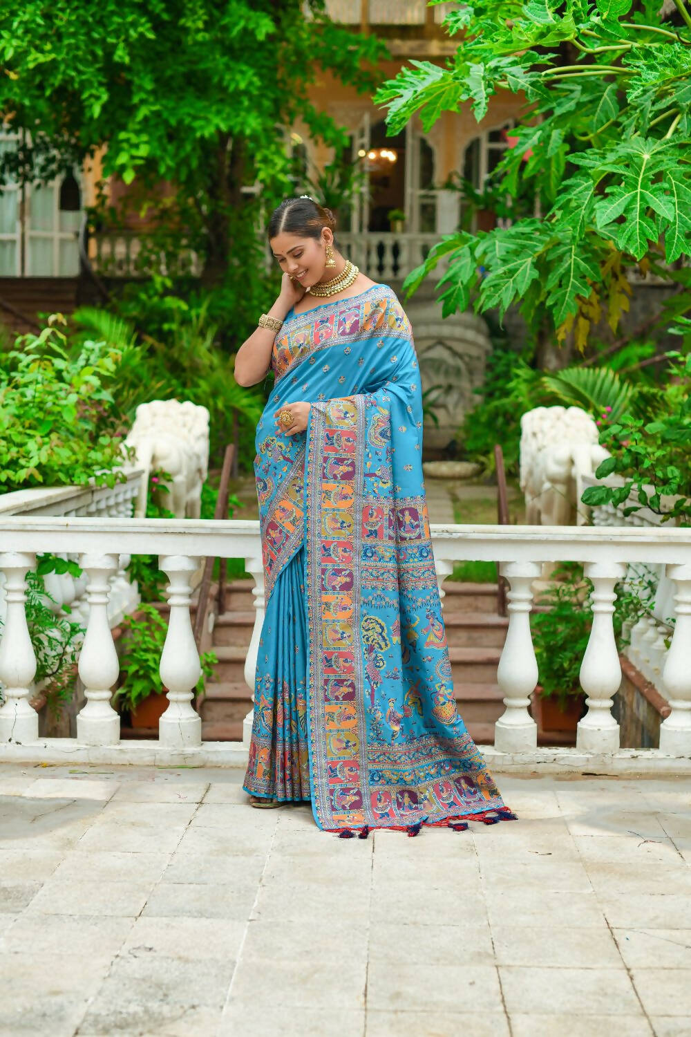 Vishnu Weaves Women's Firozi Banarasi Silk Kashmiri Woven Saree with Blouse - Distacart