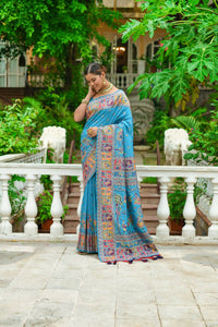 Thumbnail for Vishnu Weaves Women's Firozi Banarasi Silk Kashmiri Woven Saree with Blouse - Distacart