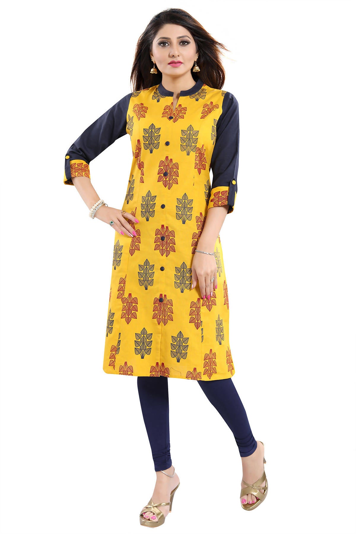 Snehal Creations Luscious Lemon Yellow Shirt Style Cotton Printed Tunic - Distacart