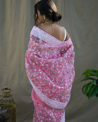 Thumbnail for Vastrasky Pink Organza Saree - Distacart