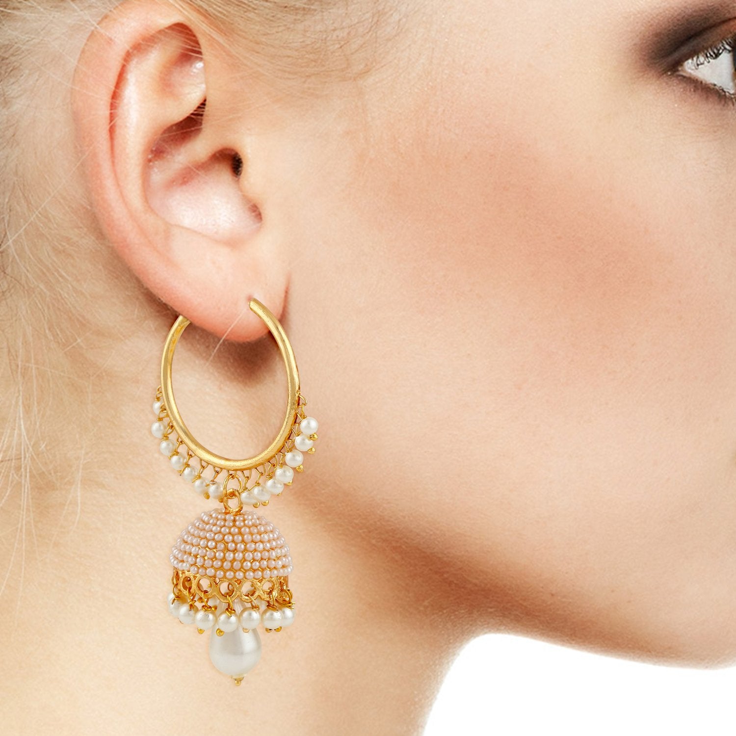 Gold-Plated Alloy Pearl Studded Round Hoop Jhumki Earrings - The Pari - Distacart