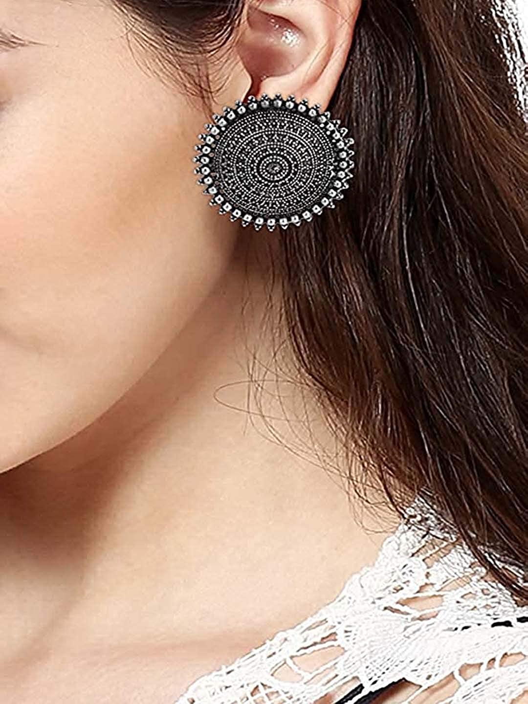 Rhodium-Plated Alloy Round Silver Antique Stud Earrings - The Pari - Distacart