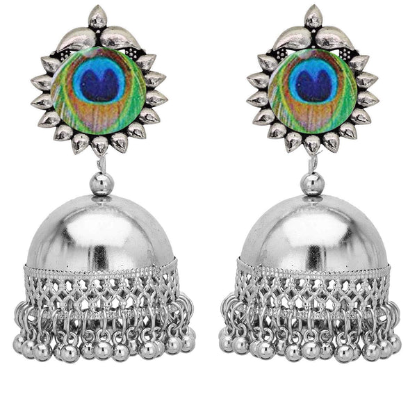 Rhodium-Plated Alloy Peacock Feather Jhumki Earrings - The Pari - Distacart