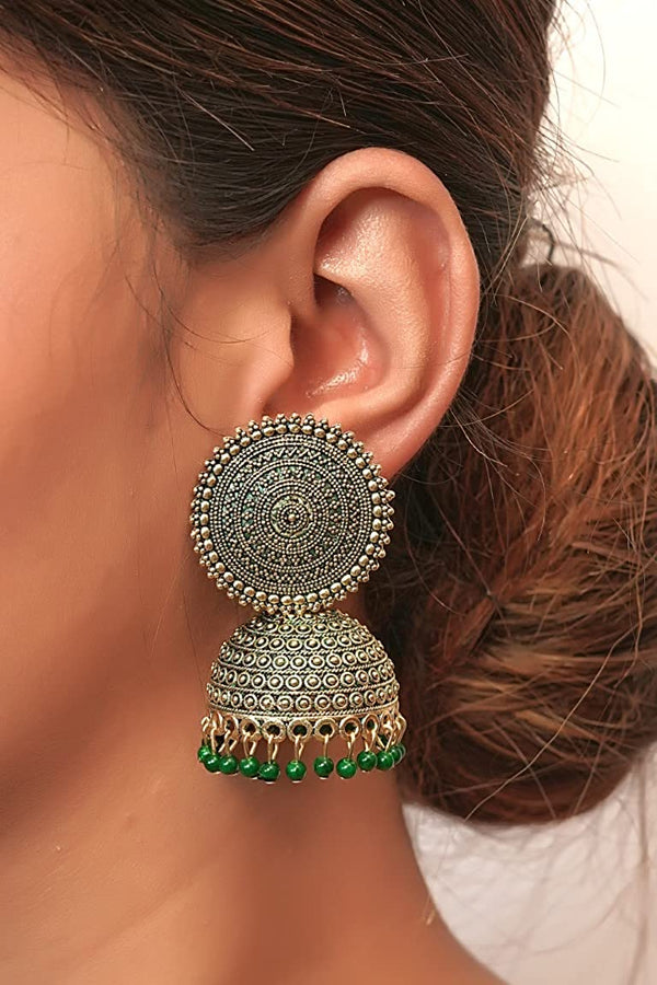 Gold-Plated Alloy Green Sun Shaped Jhumka Earrings - The Pari - Distacart