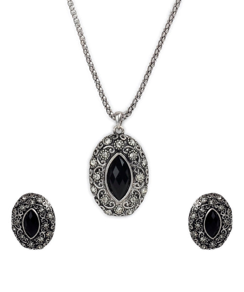 Silver-Plated Alloy Black Stone Pendant Necklace - The Pari - Distacart