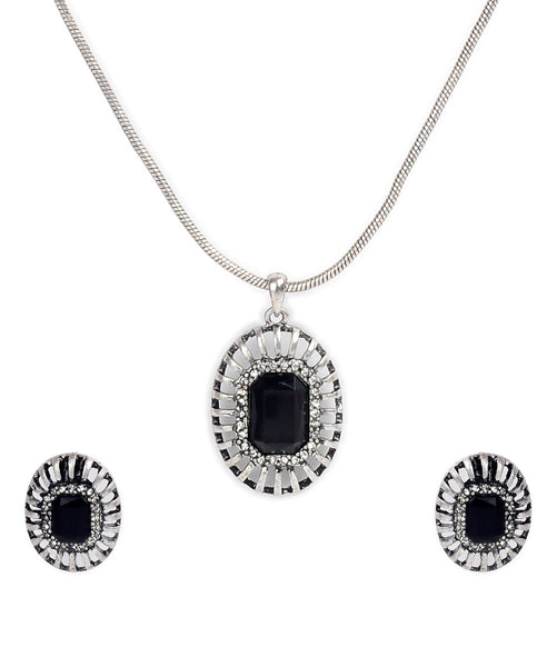 Silver-Plated Alloy Black Stone Pendant Necklace - The Pari - Distacart