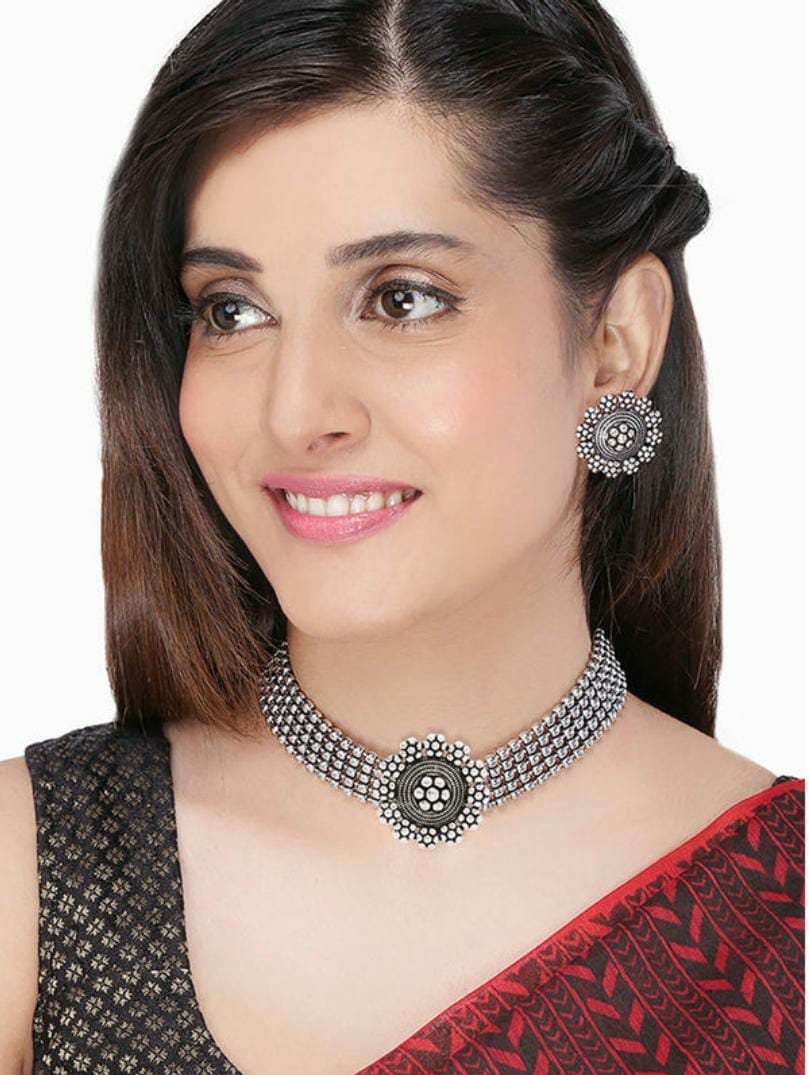 Rhodium-Plated Alloy Silver Beaded Choker Necklace - The Pari - Distacart
