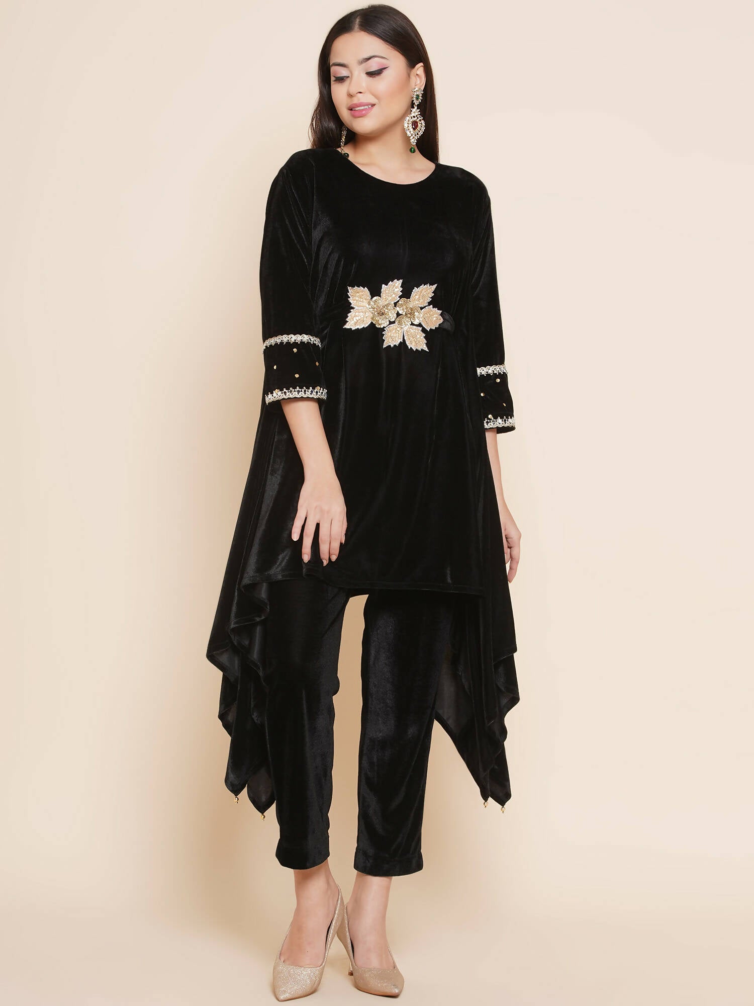 Women Republic Black Velvet Kaftaan Style Kurta With Pants - Distacart