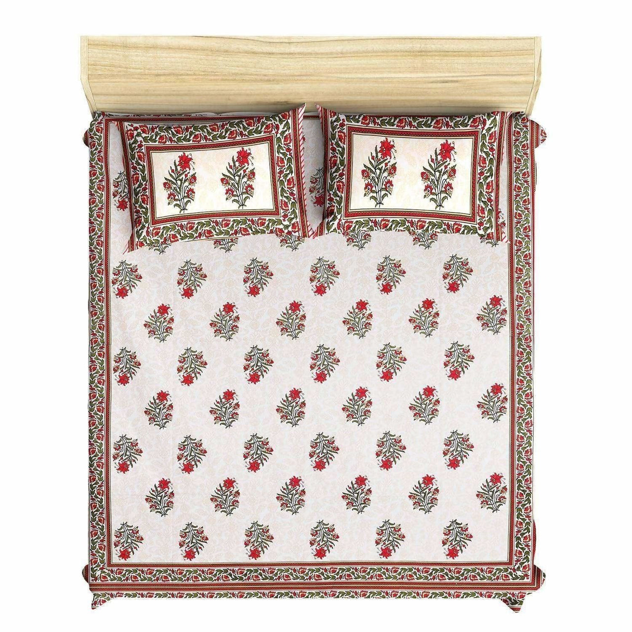 Jaipuri Hand Printed Floral 144TC Cotton DoubleQueen Bedsheet with 2 Pillow Covers - Distacart