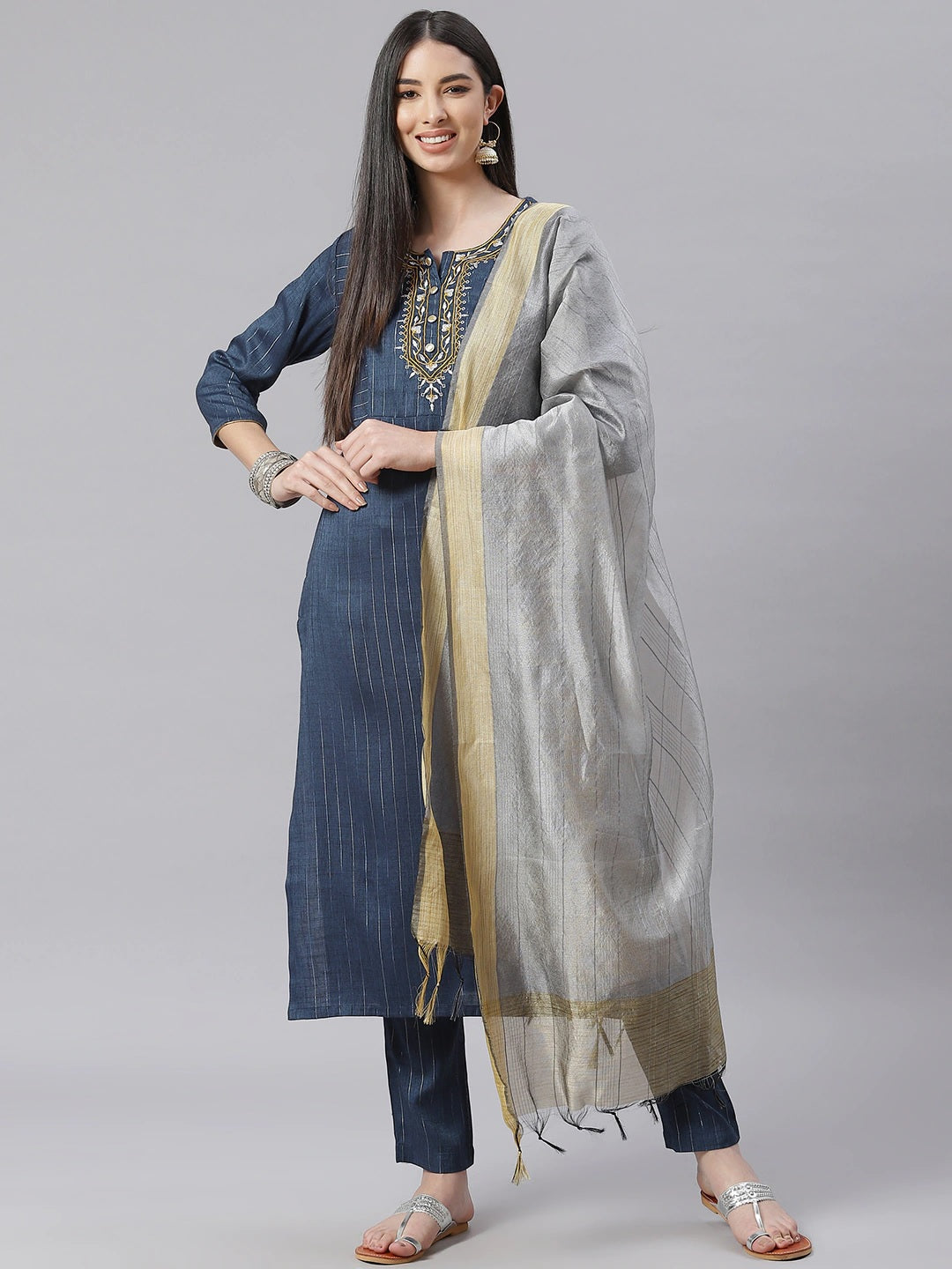 NOZ2TOZ Teal Blue Striped Kurta With Trousers And Dupatta - Distacart