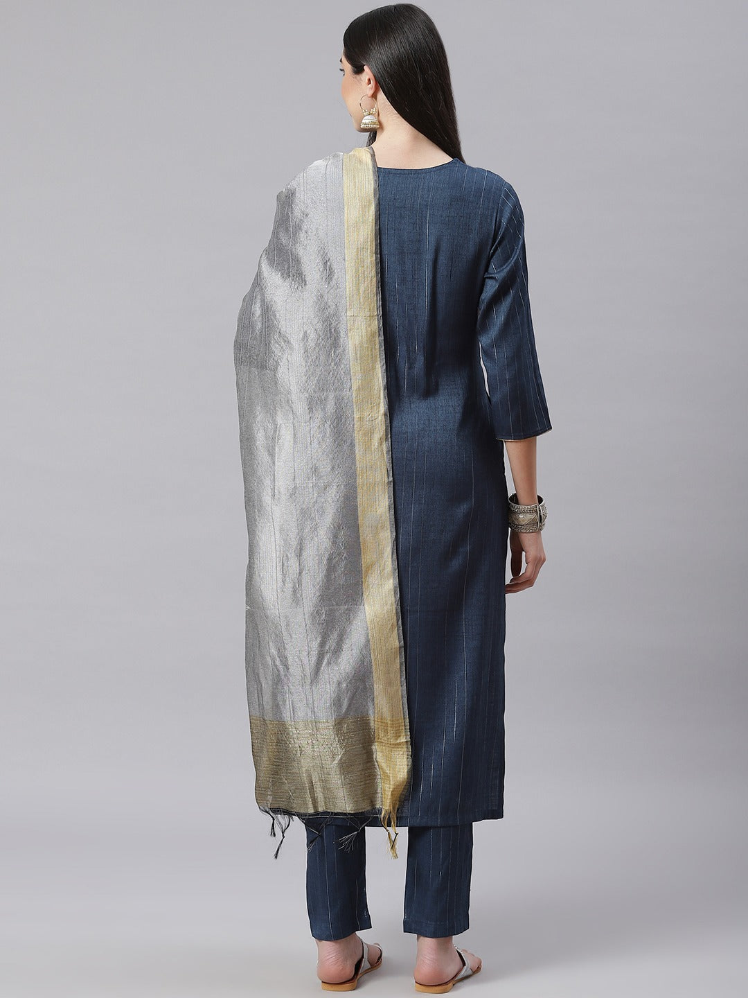 NOZ2TOZ Teal Blue Striped Kurta With Trousers And Dupatta - Distacart