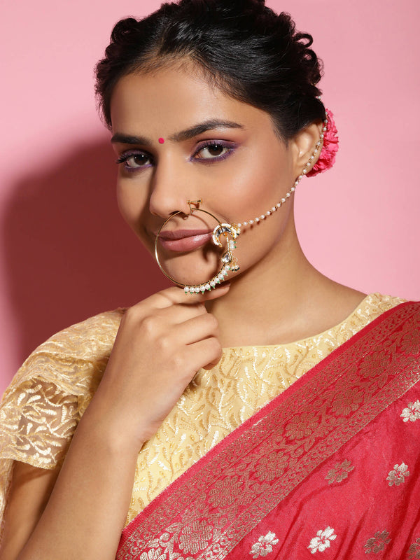 Gold-Plated White Green Kundan-Studded Pearl Beaded Nosepin - Ruby Raang - Distacart