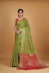 Thumbnail for Green Silk Woven Design Saree With Unstitched Blouse Piece - Akshita - Distacart