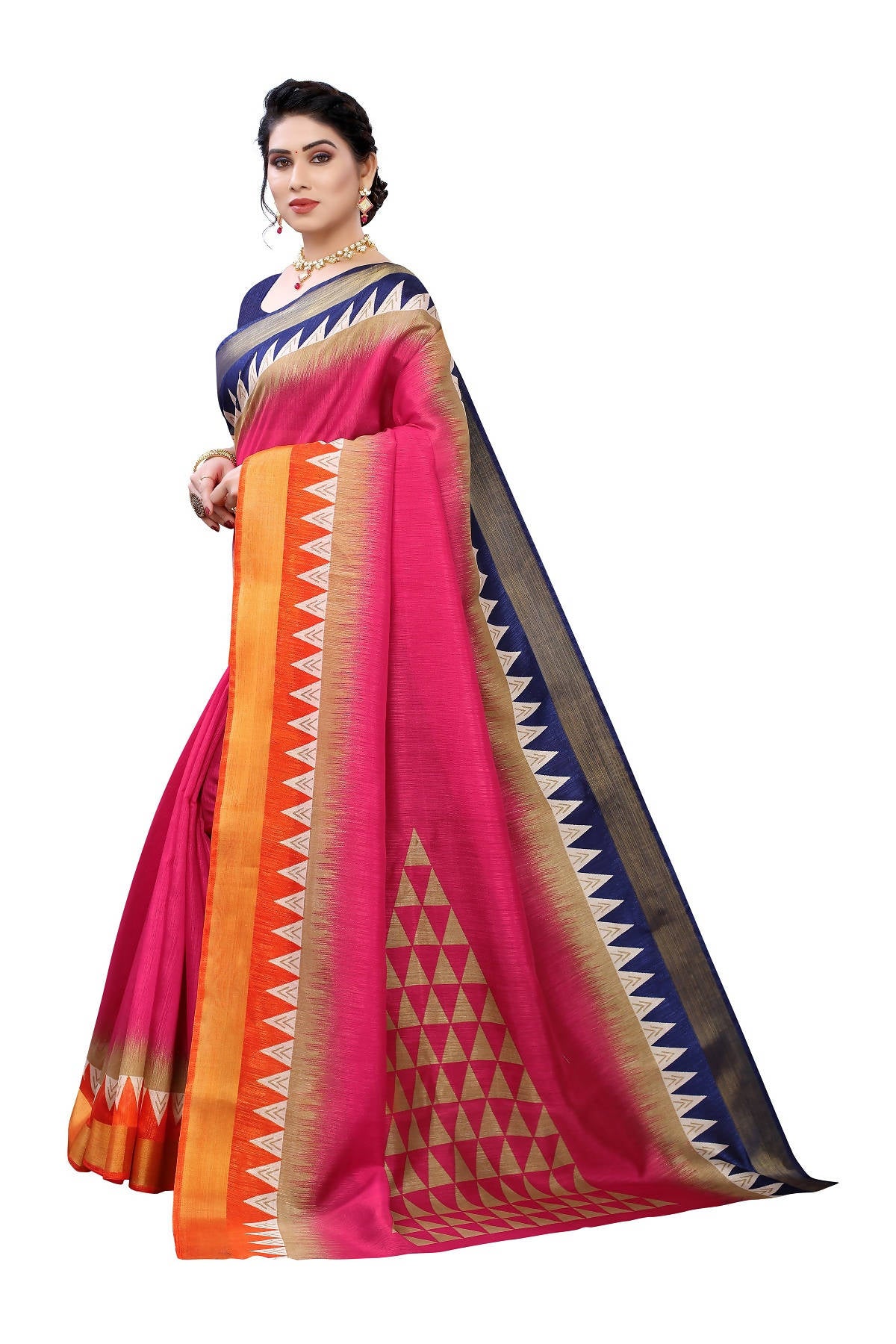 Vamika Pink & Blue Linen Jari Border Saree (GUNJAN PINK) - Distacart