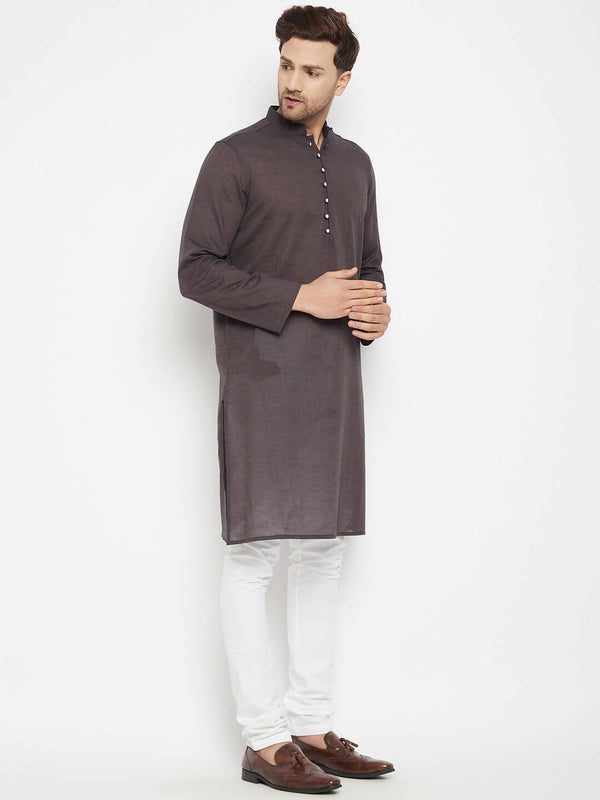 Even Apparels Brown Pure Cotton Long Men's Kurta With Band Collar - Distacart