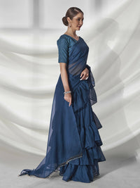 Thumbnail for Teal Organza Solid Saree With Unstitched Blouse Piece - Shanaya - Distacart