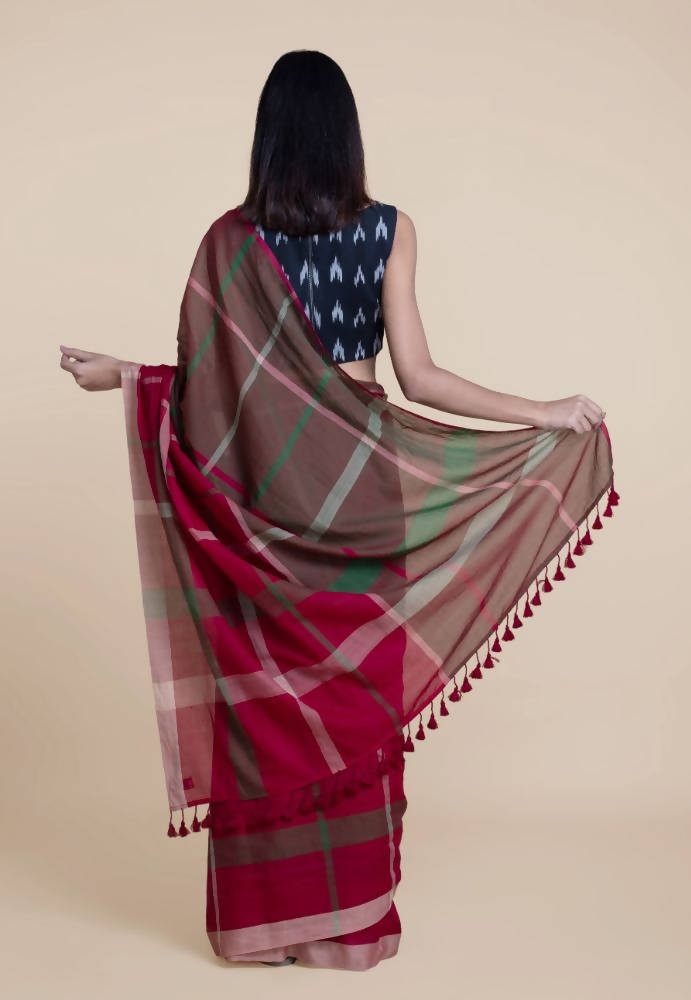 Suta Women Maroon Green Pure Handloom Cotton Saree - Distacart