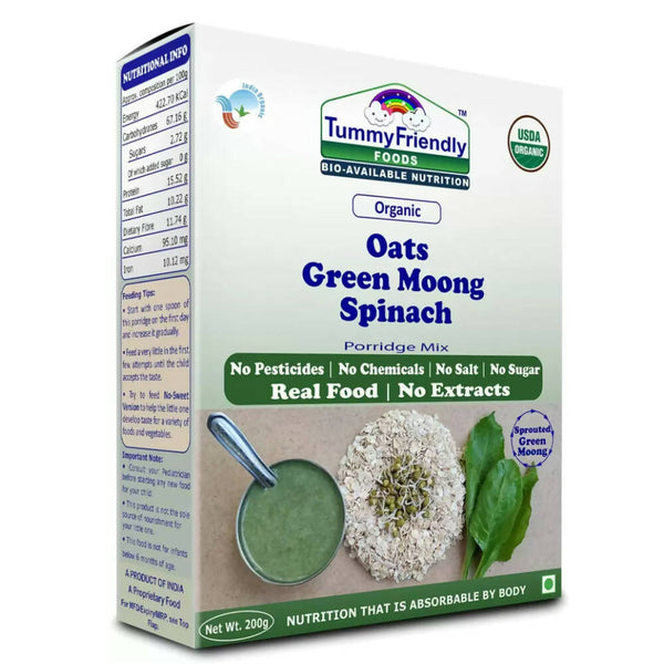 TummyFriendly Foods Certified Organic Oats, Green Moong, Spinach Porridge Mix for 8 Months Old - Distacart