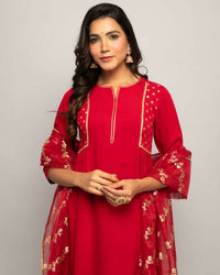 Thumbnail for FIORRA Women's Red Creap A-Line Kurta Palazzo Set With Dupatta - Distacart