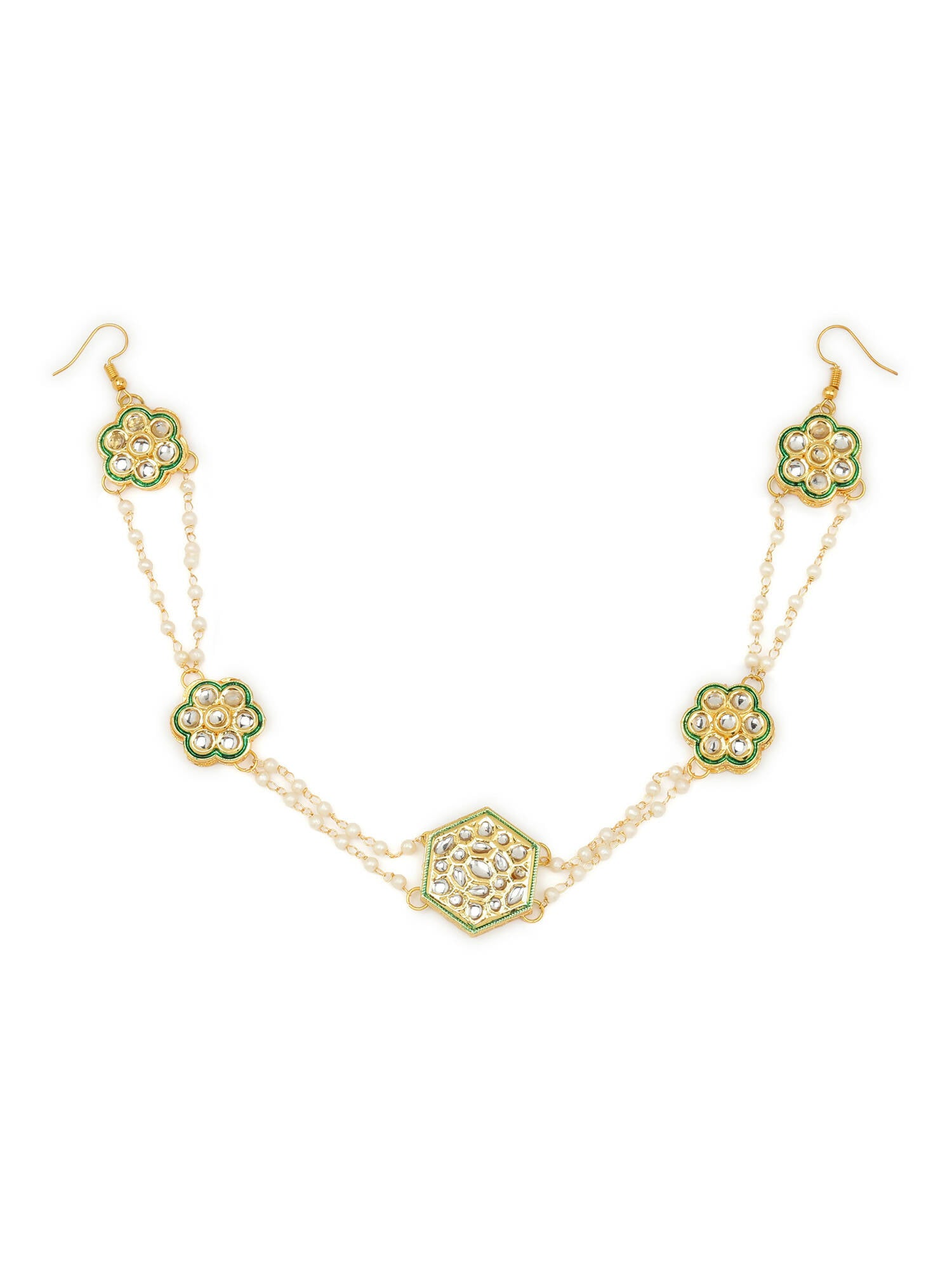 Gold-Plated White Kundan-Studded Pearl Beaded Hair Band - Ruby Raang - Distacart