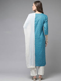 Thumbnail for Yufta Women Teal Blue & Off-White Printed Kurta with Trouser & Dupatta