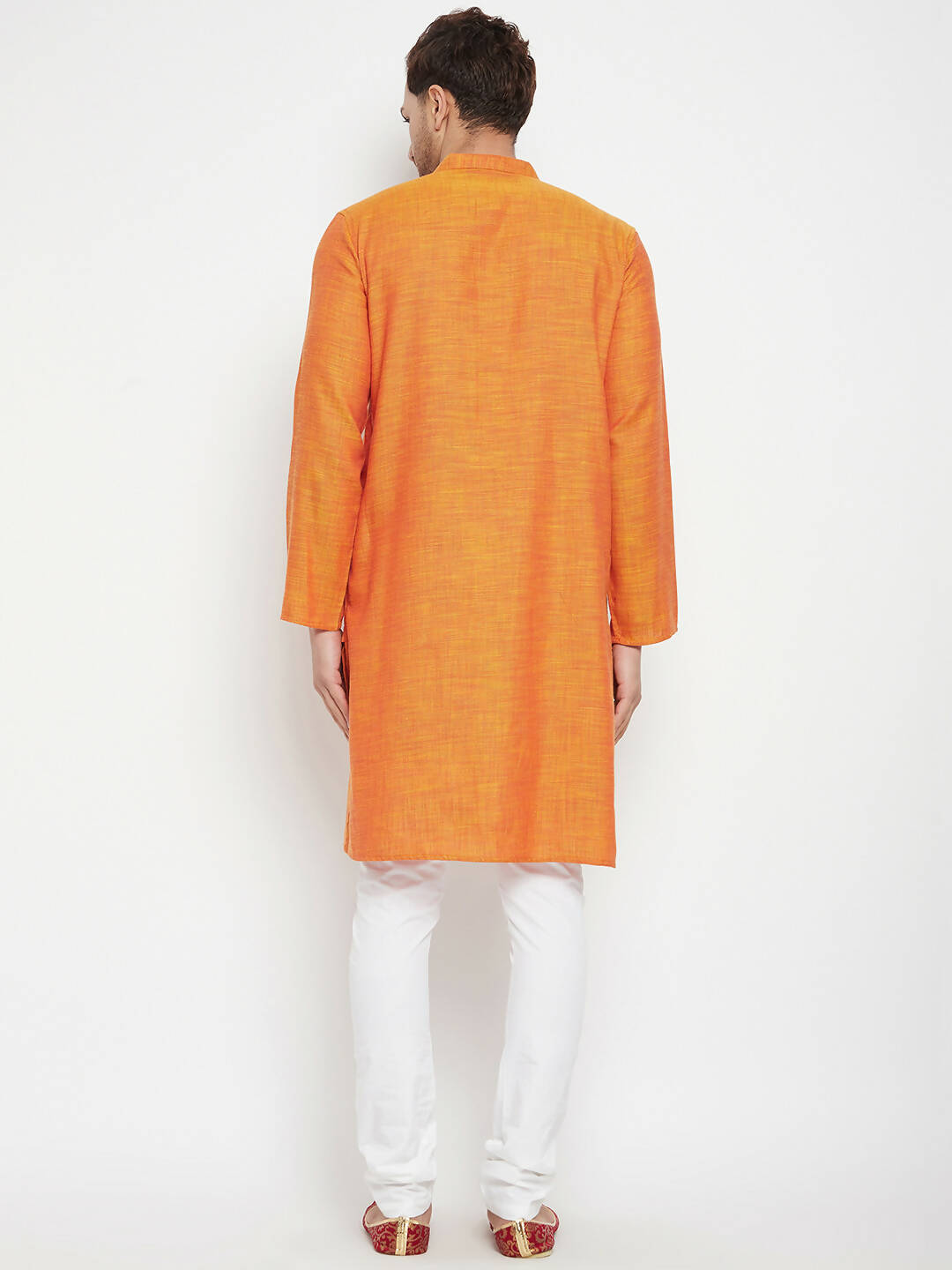 Even Apparels Orange Pure Cotton Long Men's Kurta With Band Collar - Distacart