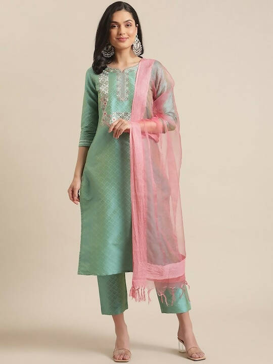 Varanga Women Sea Green Woven Design Kurta with Trousers & With Dupatta - Distacart
