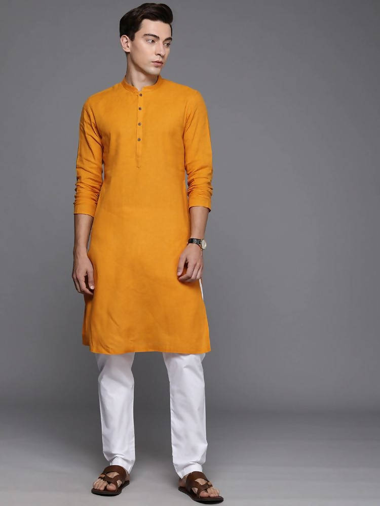 Manyavar Men Mustard Yellow Pure Cotton Solid Kurta - Distacart