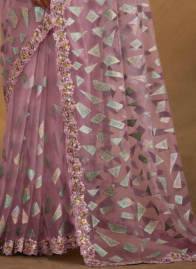 Light Purple Velvet Texture Net Designer Saree with Unstitched Blouse - Norita Mahitha - Distacart