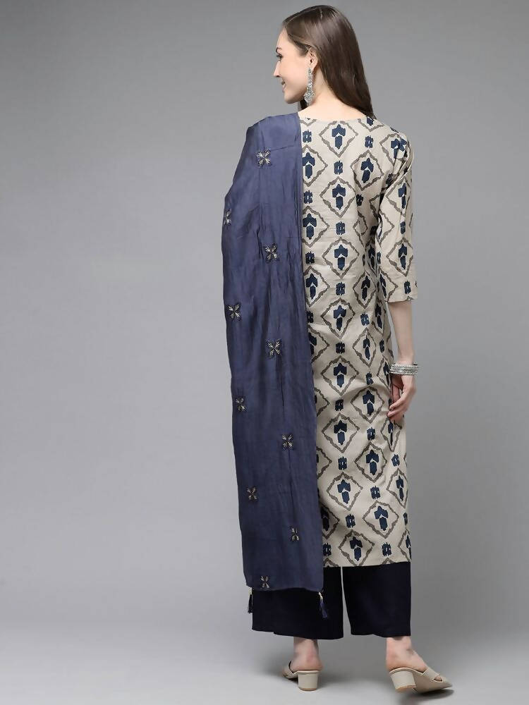 Yufta Women Beige & Navy Blue Printed Pure Cotton Kurta with Palazzo & Dupatta