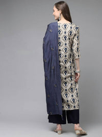 Thumbnail for Yufta Women Beige & Navy Blue Printed Pure Cotton Kurta with Palazzo & Dupatta