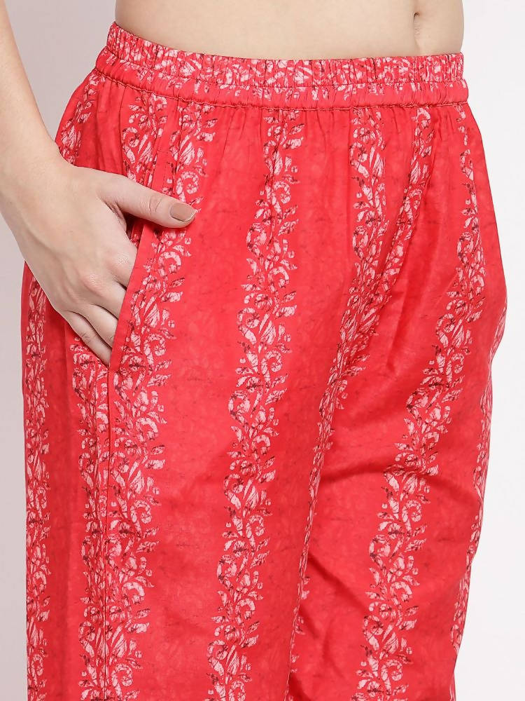 Myshka Women's Red Cotton Printed 3/4 Sleeve Round Neck Casual Kurta Pant Dupatta Set