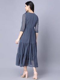 Thumbnail for Myshka Georgette Solid 3/4 Sleeve Round Dark Grey Women Dress - Distacart