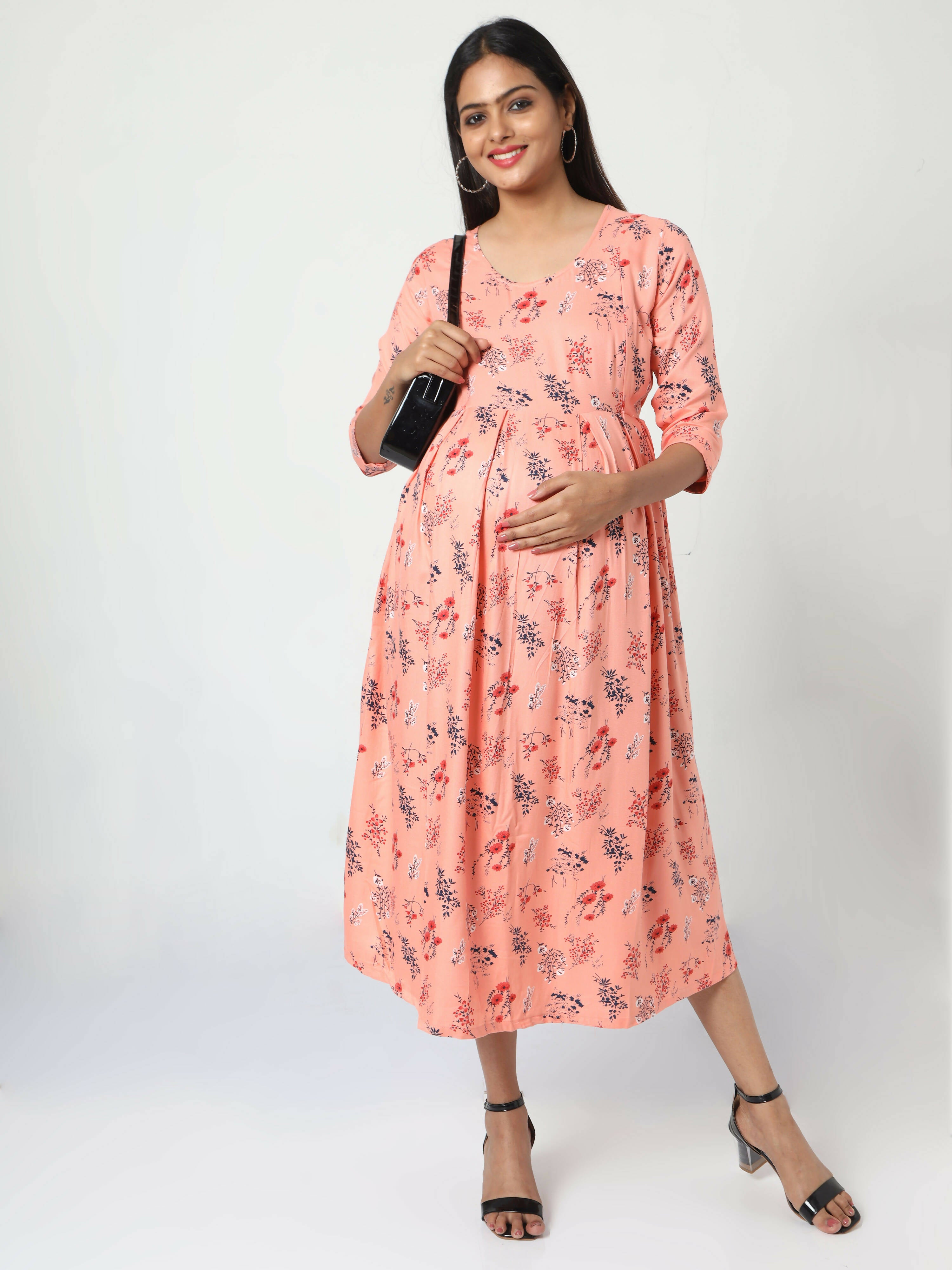 Manet Three Fourth Maternity Dress Floral Print With Concealed Zipper Nursing Access - Orange - Distacart