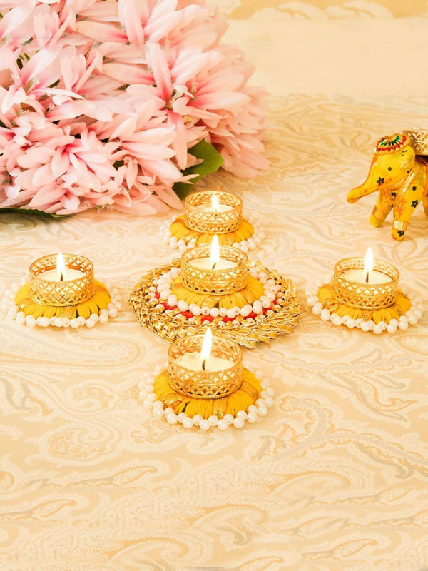 Tied Ribbons Set Of 5 Golden Diwali Dcoration Tealight Candle Holder - Distacart