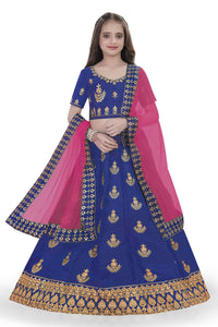 Thumbnail for Dwiden Royal Blue Kamal Tafetta Sattin Semi-Stitched Girl's Lehenga Choli - Distacart