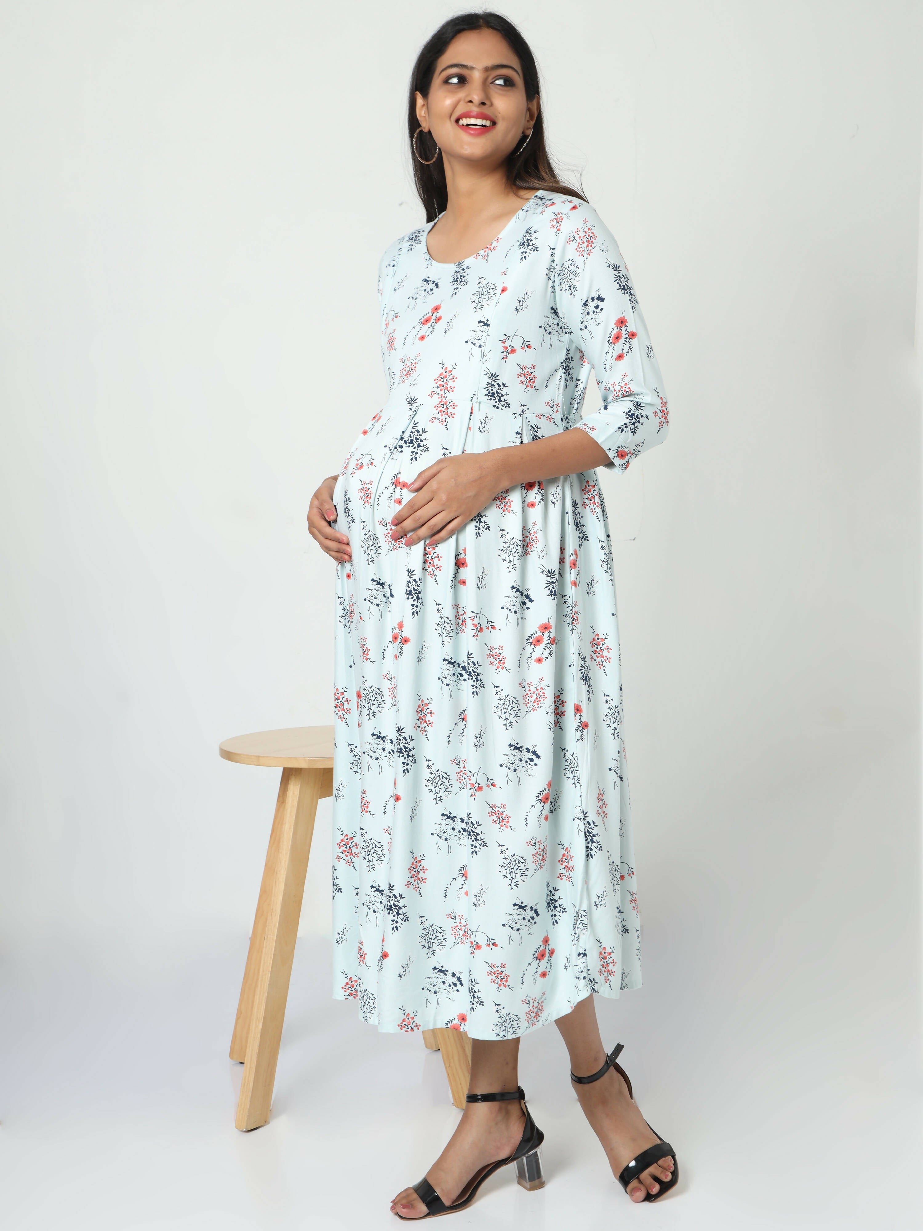 Manet Three Fourth Maternity Dress Floral Print With Concealed Zipper Nursing Access - Pista Green - Distacart