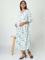 Thumbnail for Manet Three Fourth Maternity Dress Floral Print With Concealed Zipper Nursing Access - Pista Green - Distacart